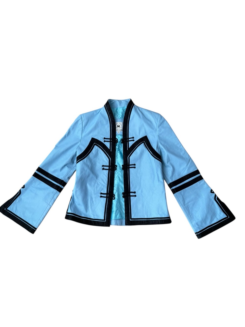 Genuine Leather Mongolian-Style Jacket — Powder Blue, Frog Closures
